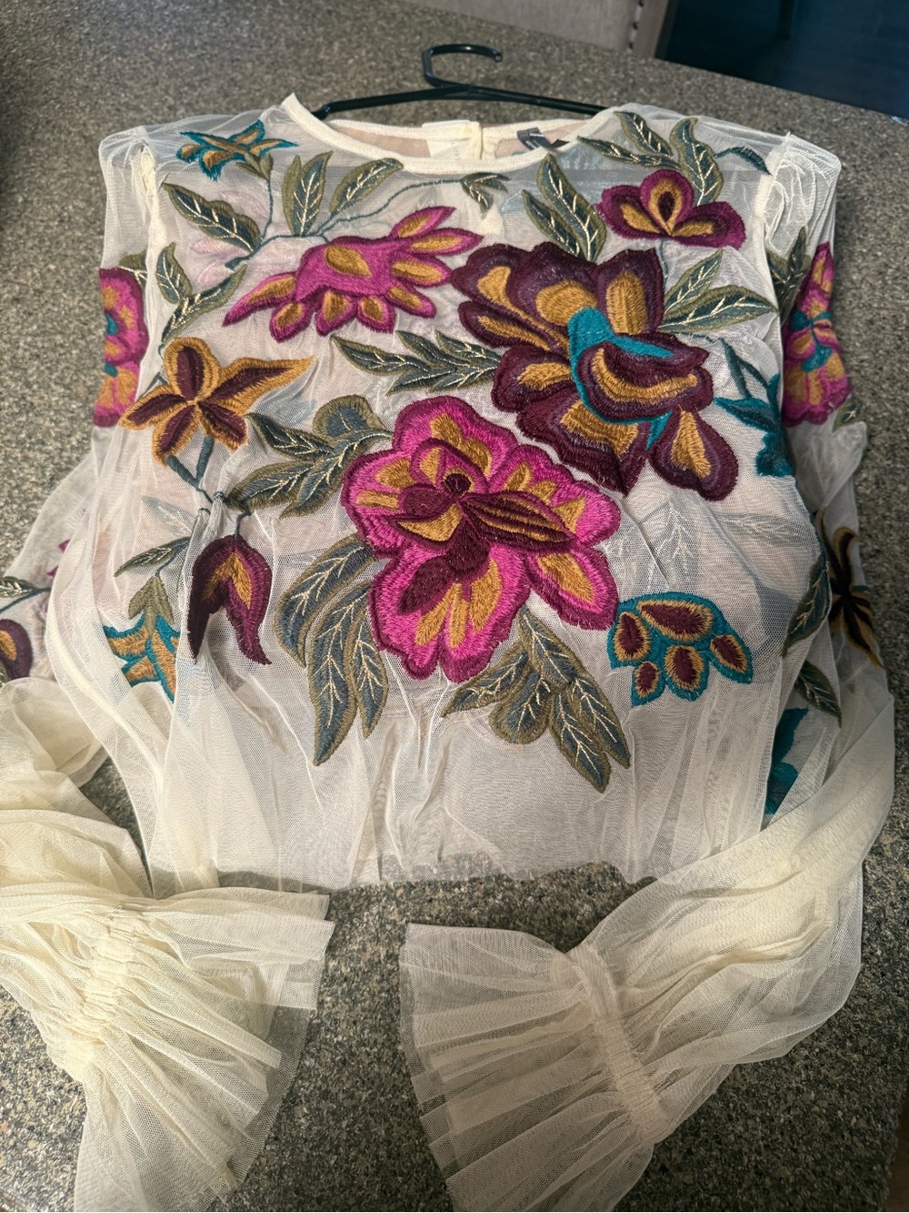 ANTHROPOLOGIE- Embroidered Floral Sheer Blouse in Cream with Pink & Teal Accents